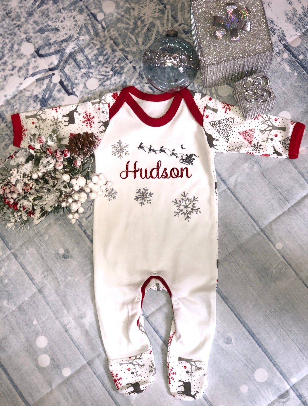 Grey, Red & White Santa’s Sleigh Christmas Pyjamas - (family matching)