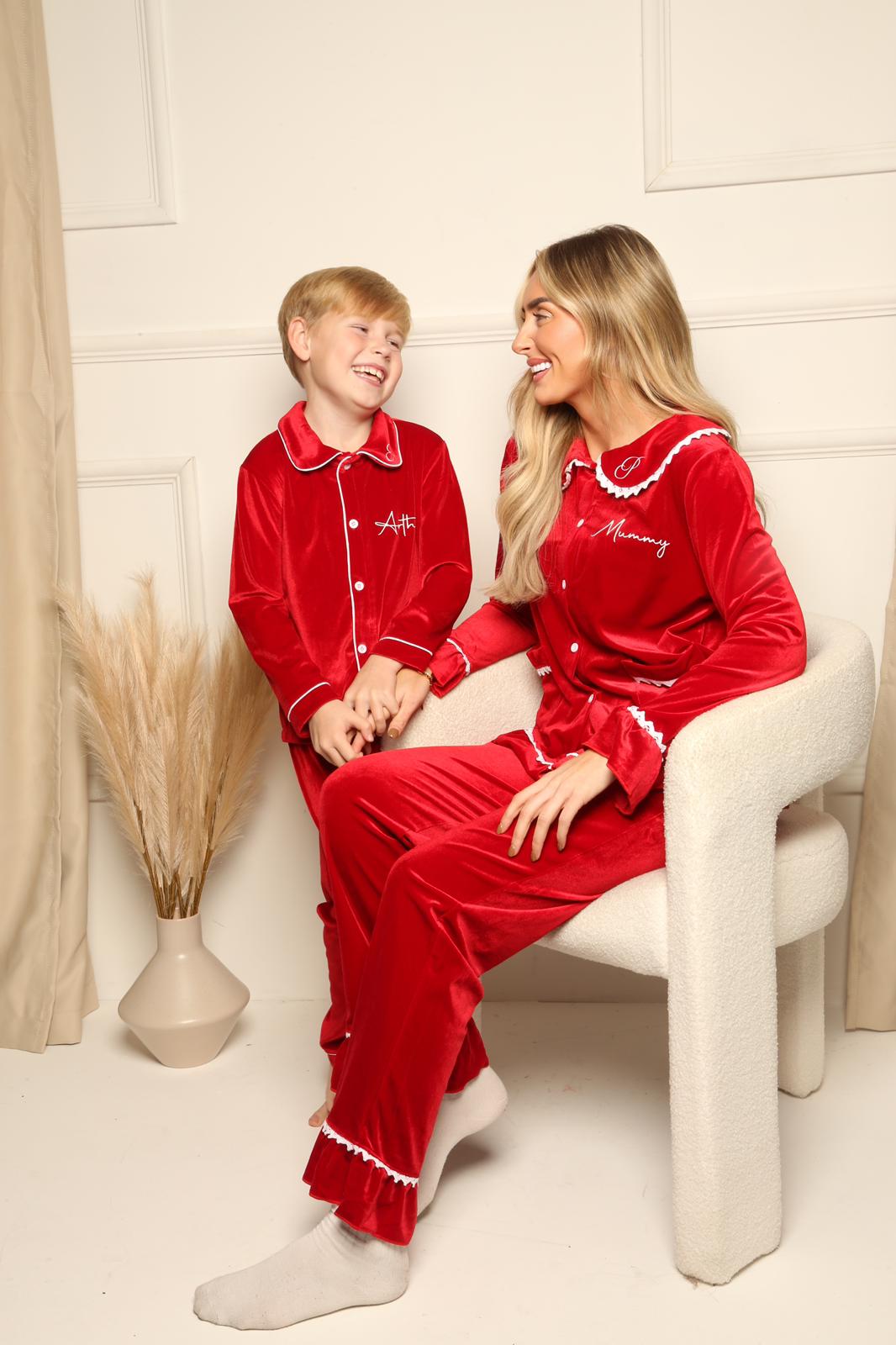 Girls/Women’s Frill Royal Red Velvet Christmas Pyjamas
