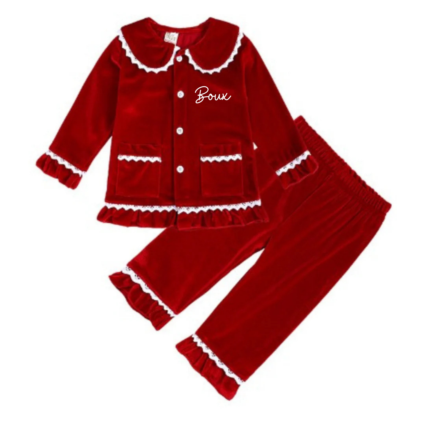 Girls Frill Royal Red Velvet Christmas Pyjamas