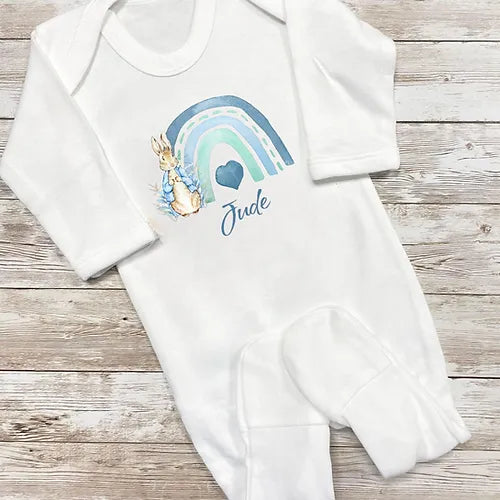 Personalised Blue Rabbit Rainbow Romper