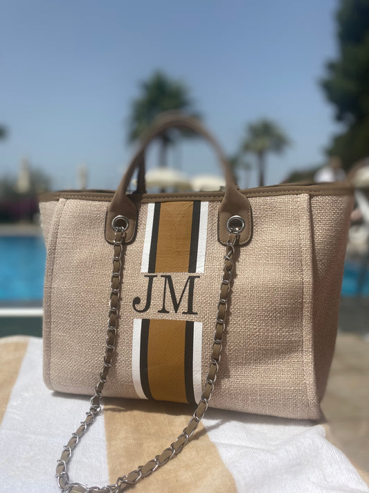 The Ivy Canvas Medium Stripe Bag - Fawn with White, Black and Beige Stripes