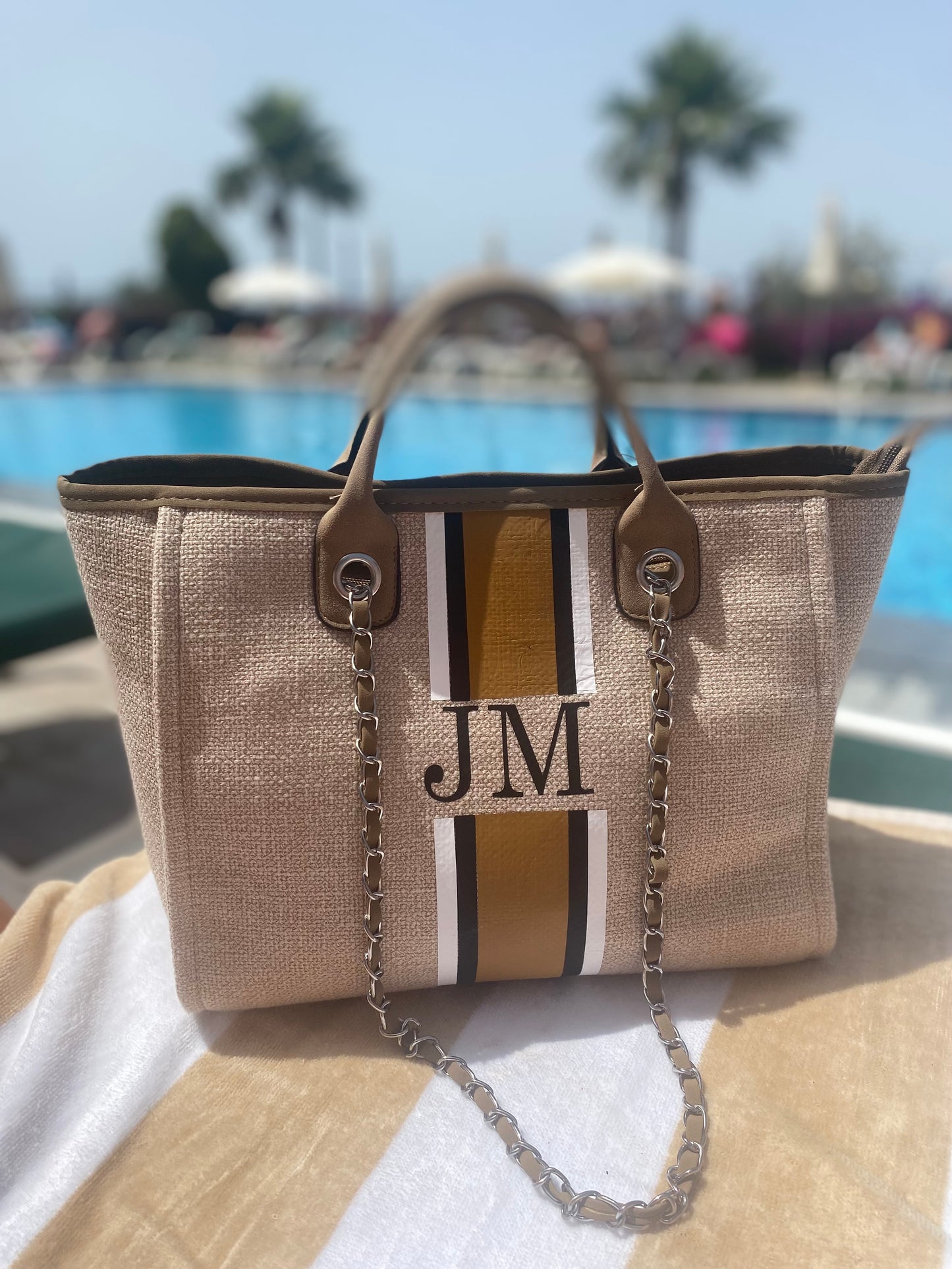 The Ivy Canvas Medium Stripe Bag - Fawn with White, Black and Beige Stripes