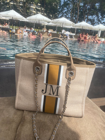 The Ivy Canvas Medium Stripe Bag - Fawn with White, Black and Beige Stripes