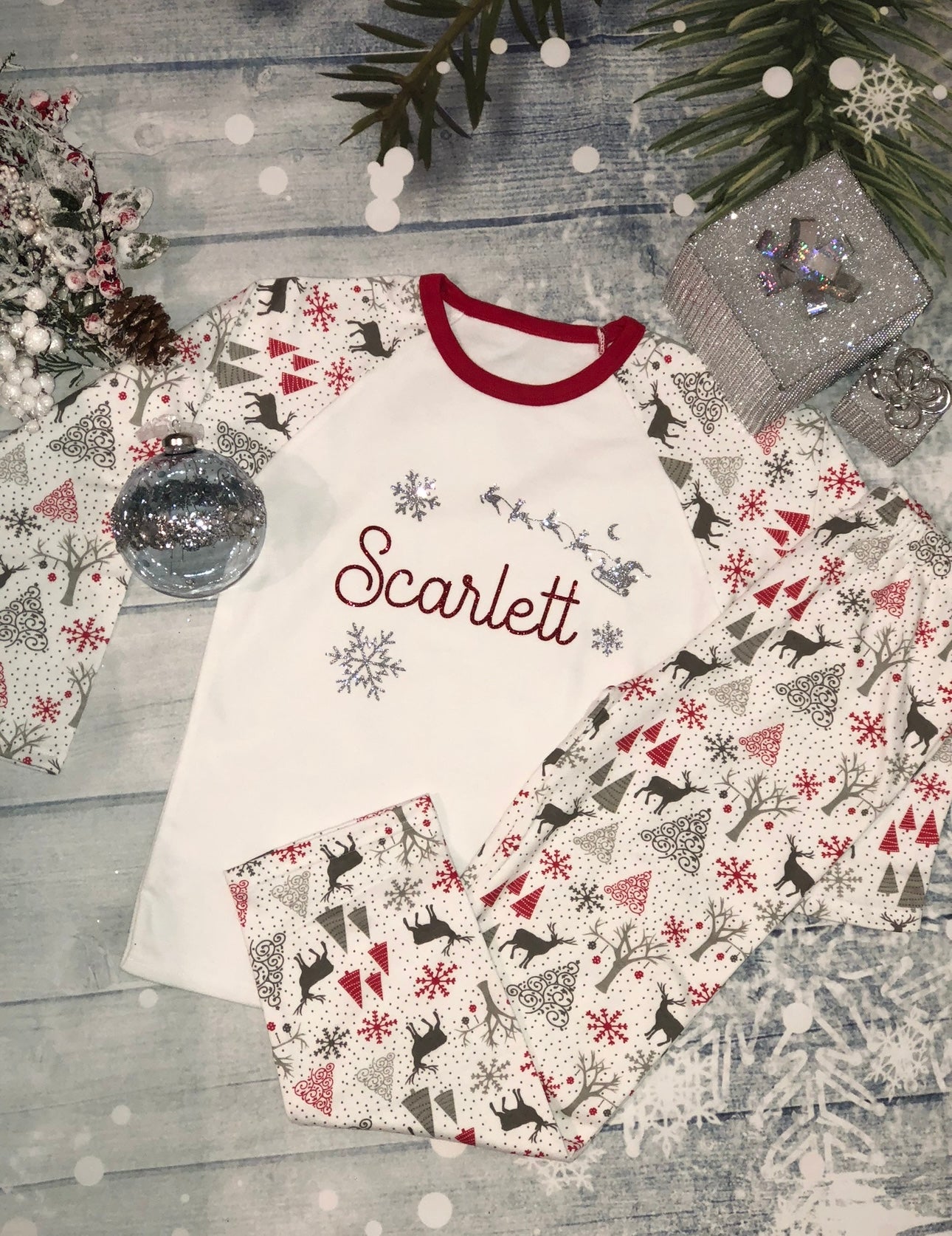 Grey, Red & White Santa’s Sleigh Christmas Pyjamas - (family matching)