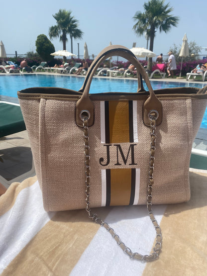 The Ivy Canvas Medium Stripe Bag - Fawn with White, Black and Beige Stripes