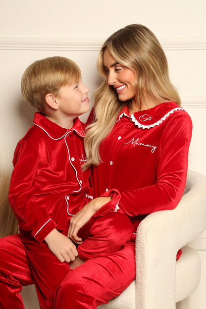 Girls/Women’s Frill Royal Red Velvet Christmas Pyjamas