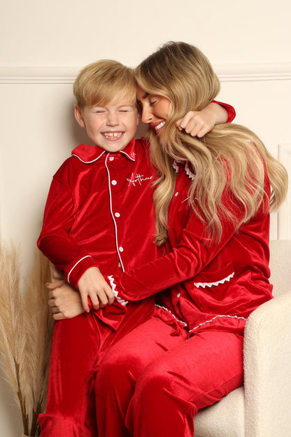 Girls/Women’s Frill Royal Red Velvet Christmas Pyjamas