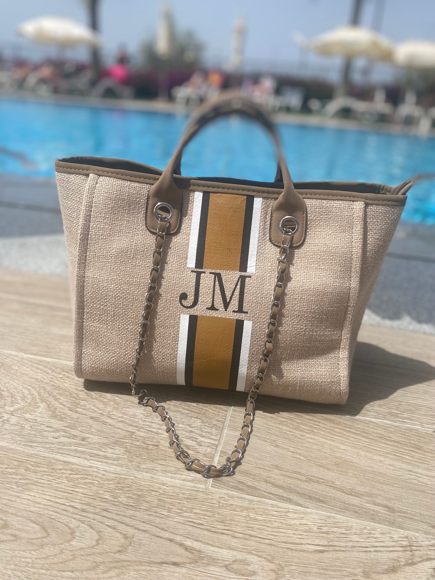 The Ivy Canvas Medium Stripe Bag - Fawn with White, Black and Beige Stripes
