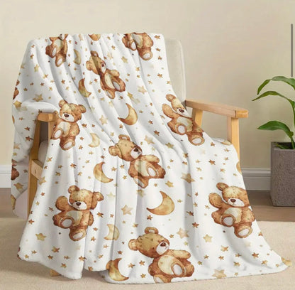 Teddy Bear with Moons and Stars Fleece Blanket