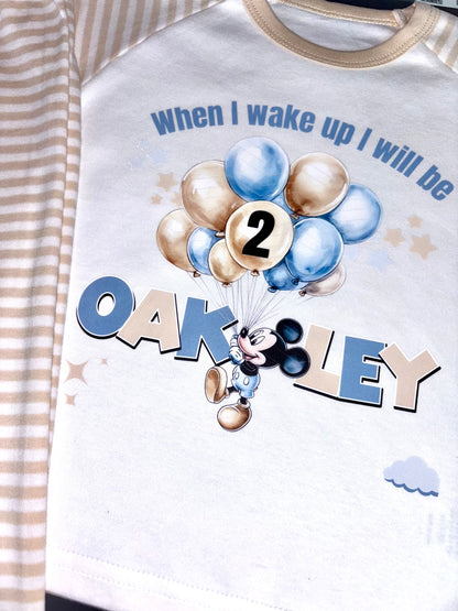 When I Wake Up Beige & Blue Micky Birthday Pj’s