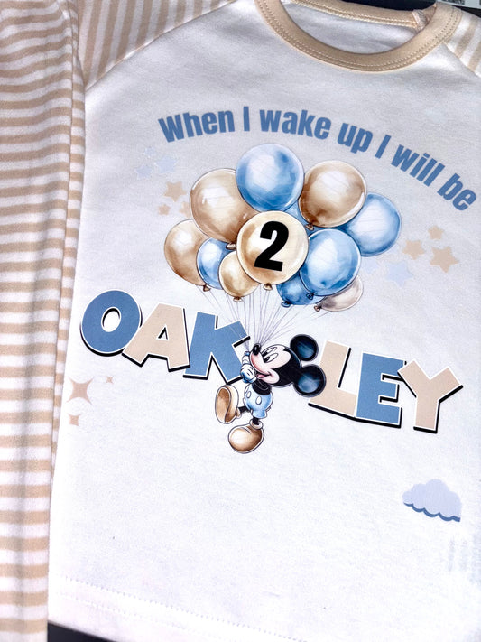When I Wake Up Beige & Blue Micky Birthday Pj’s