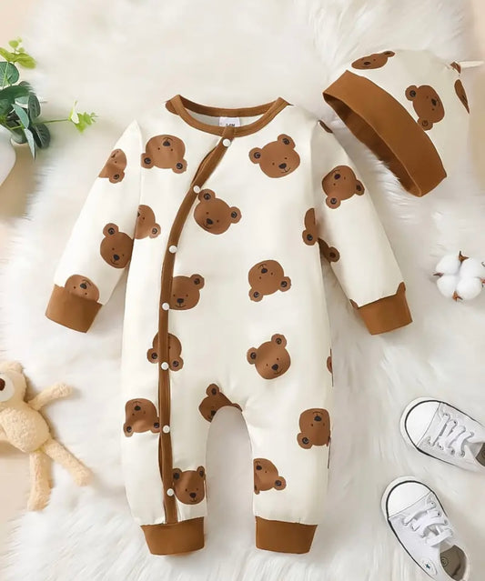 Teddy Bear Print Sleepsuit & Hat