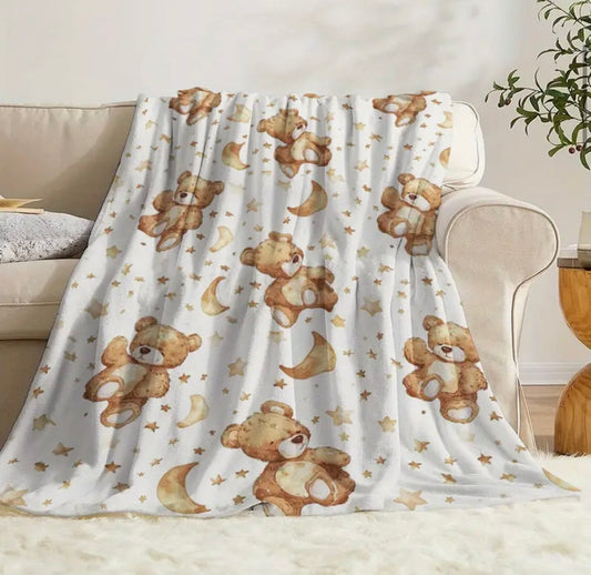 Teddy Bear with Moons and Stars Fleece Blanket