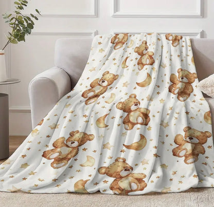 Teddy Bear with Moons and Stars Fleece Blanket