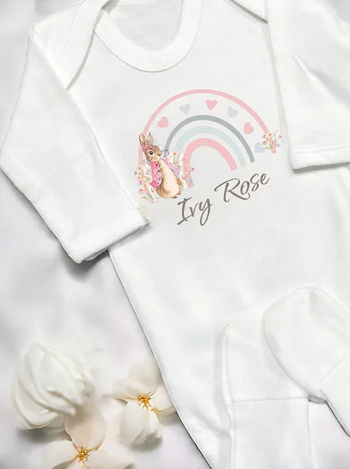 Personalised Pink Rabbit Rainbow Babygrow