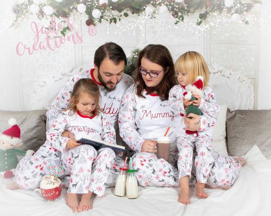 Grey, Red & White Santa’s Sleigh Christmas Pyjamas - (family matching)