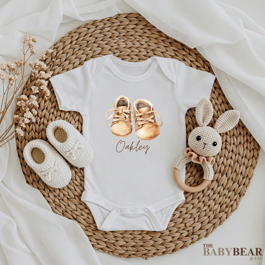 Baby Boy Shoe Decal Bodysuit in White & Beige.