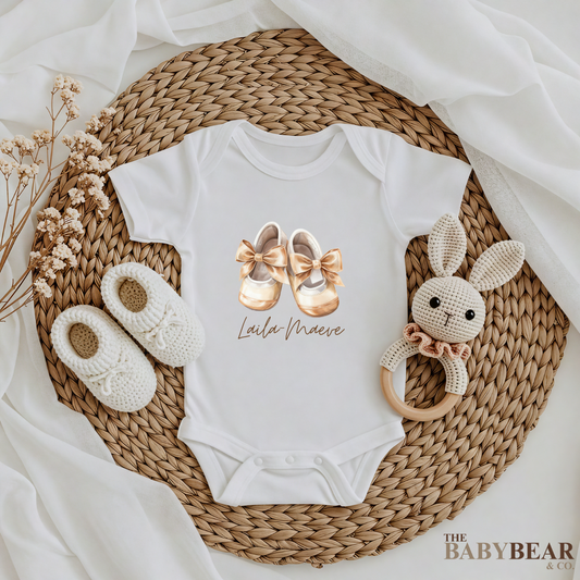 Baby Girl Shoe Decal Bodysuit in White & Beige.