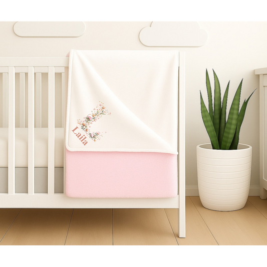 Personalised Floral Initial Reversible Fleece Baby Blanket - Pastel Pink