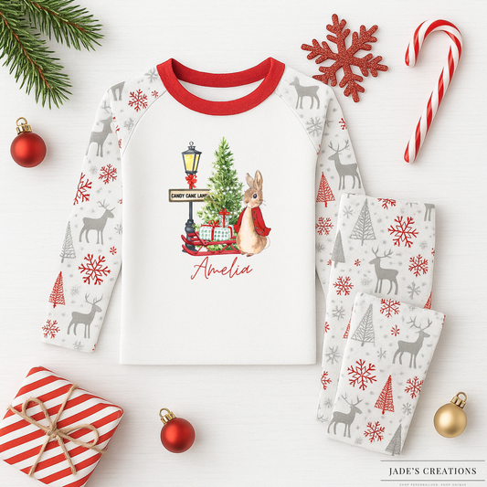 Matching Siblings Christmas Pyjamas - Peter Rabbit Candy Cane Lane