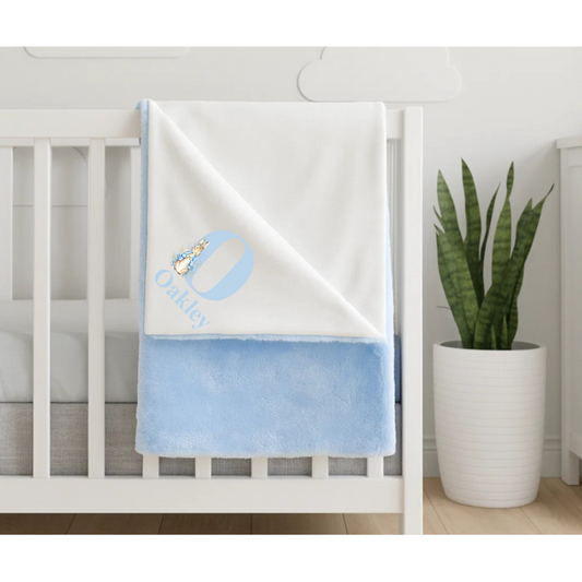 Personalised Peter Rabbit Initial Reversible Fleece Baby Blanket - Sky Blue